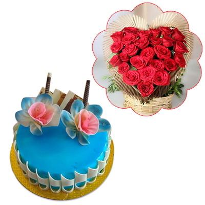 "Blue Berry Flavor gel cake - 1kg , 25 Red Roses heart shape flowers - Click here to View more details about this Product